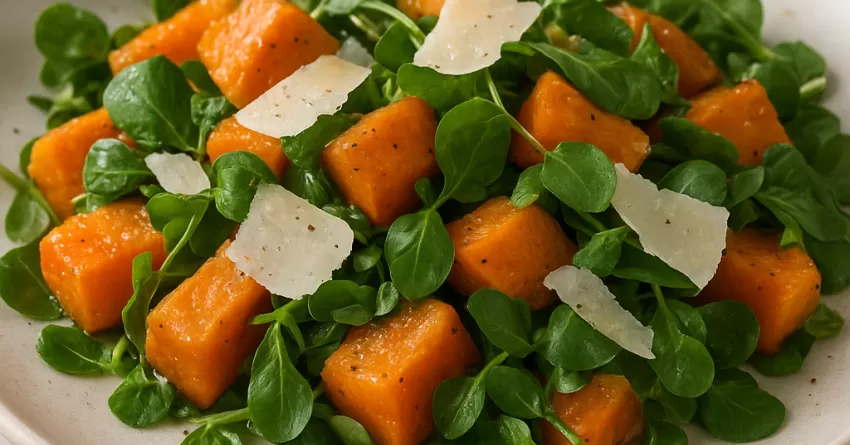 Salada de abóbora assada com agrião e lascas de parmesão