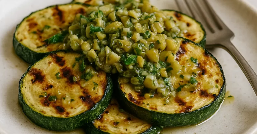 Abobrinha grelhada com alho e molho de azeitonas verdes