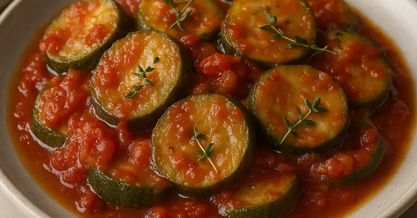 Abobrinha cozida no molho de tomate com tomilho