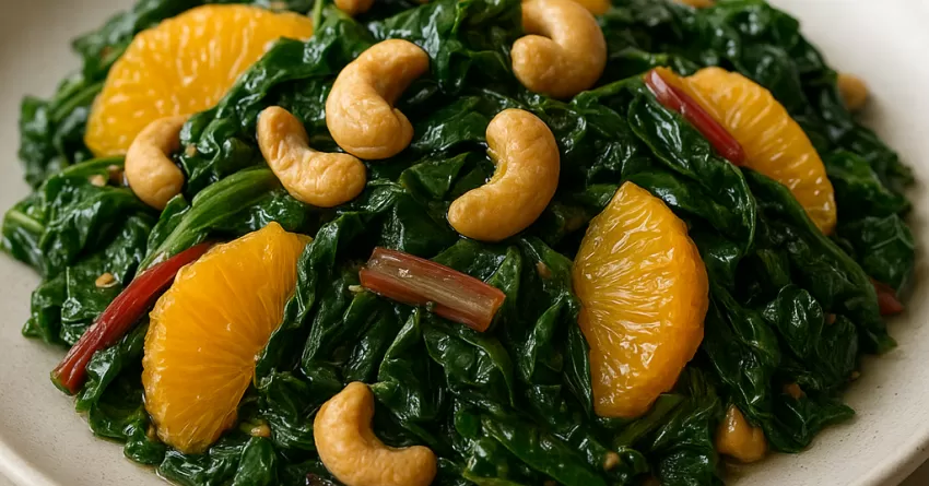 Acelga refogada com laranja e castanha-de-caju
