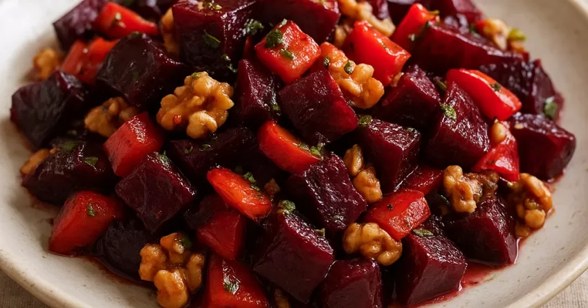 Salada morna de beterraba com pimentão e nozes