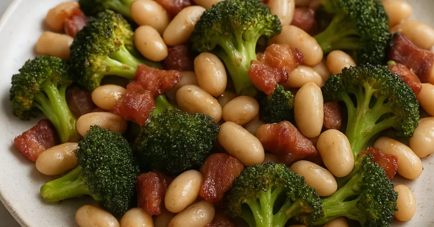 Brócolis assados com bacon feijão branco