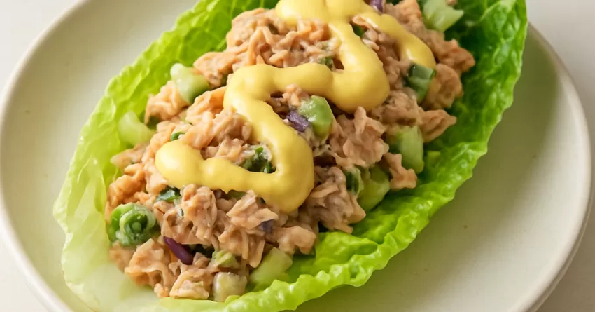 Barquinha de alface romana com atum e molho de mostarda