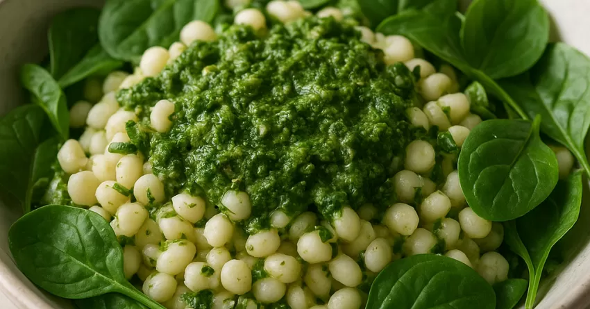 Salada de canjica com pesto de espinafre