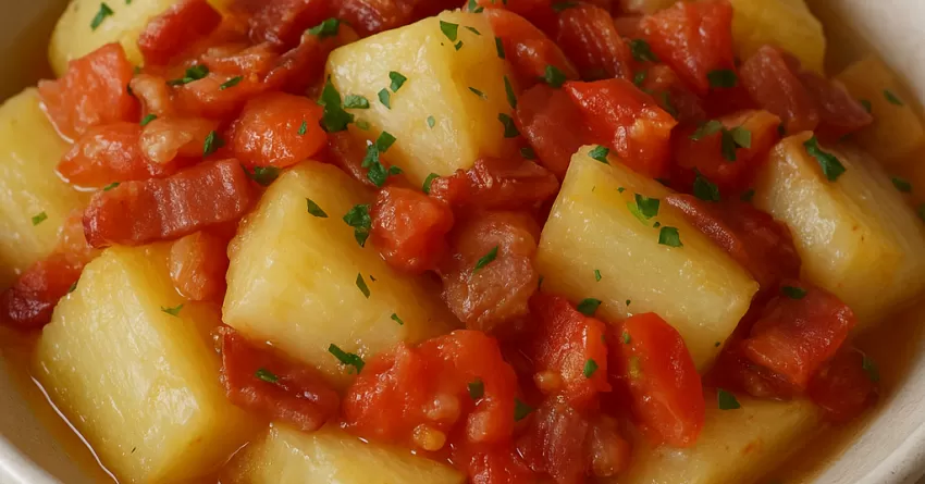 Cozido de mandioca com bacon e tomate