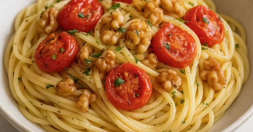 Espaguete de pupunha com tomate e nozes