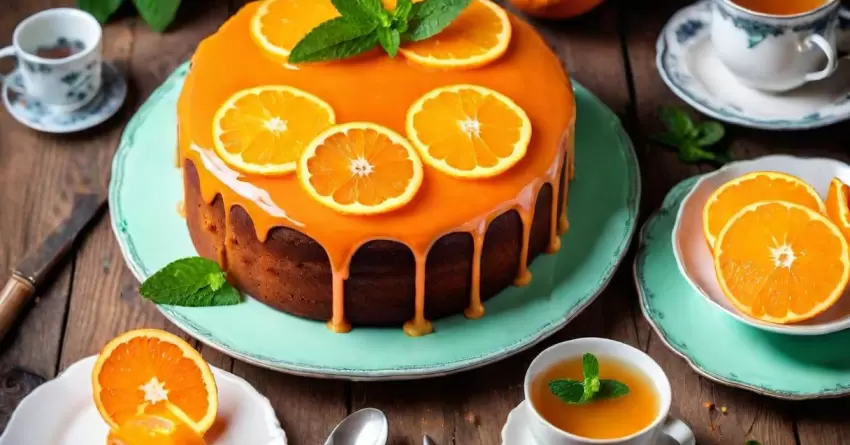 Delicioso bolo de laranja com cobertura especial para o café da tarde