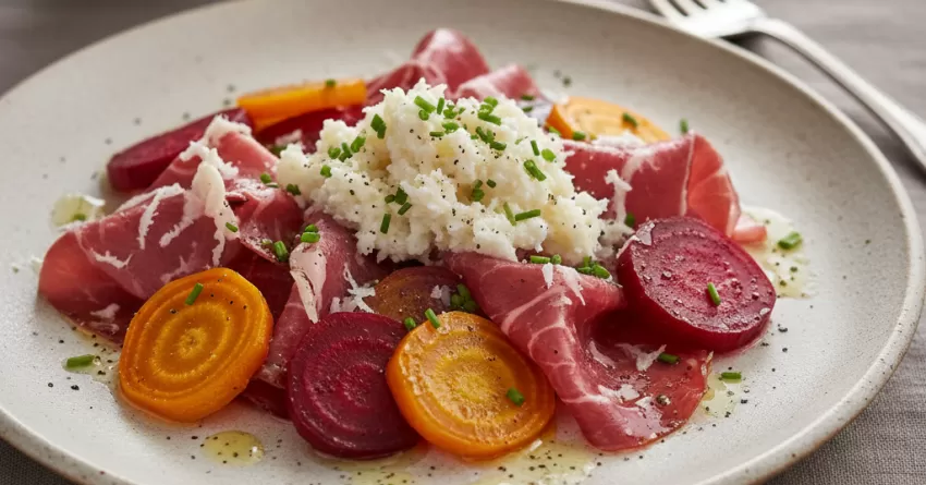 Bresaola, beterraba e raiz-forte