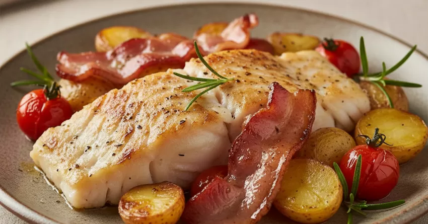 Bacalhau fresco com pancetta defumada