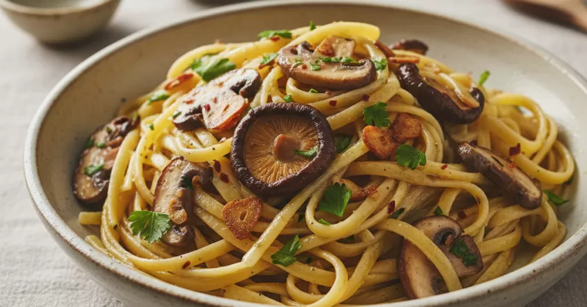 Macarrão ao alho com cogumelos