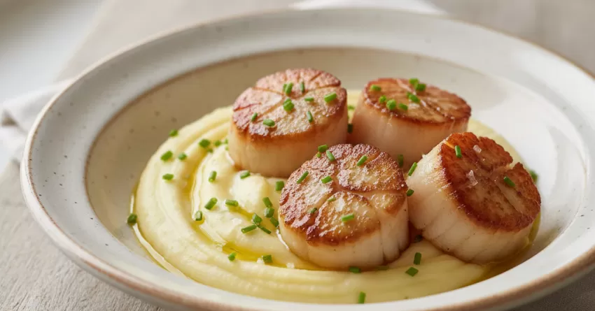 Vieiras grelhadas com purê