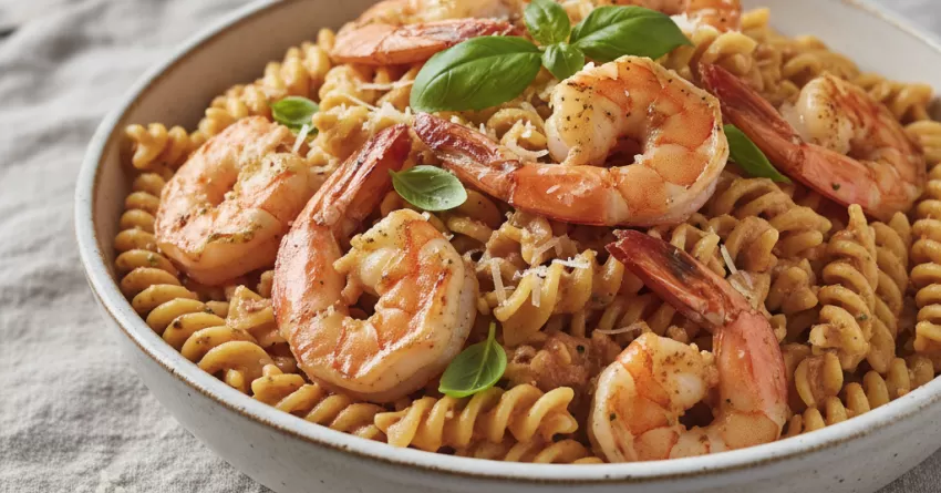 Macarrão com camarão ao pesto rosé