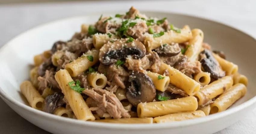 Macarrão com porco e cogumelo