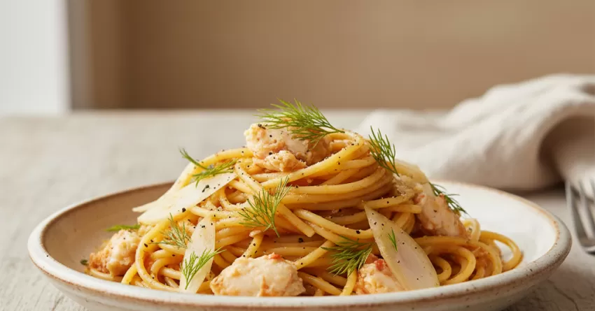 Espaguete com siri e erva-doce